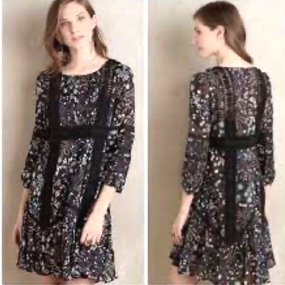 Anthropologie Moulinette Soeurs Black Floral,Print Peasant Dress.